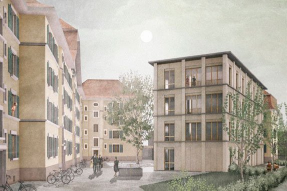 Bestehende Gebäude wird mit Holzneubau ergänzt und es entsteht eine einheitliche Überbauung