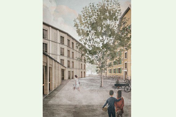 Bestehende Gebäude wird mit Holzneubau ergänzt und es entsteht eine einheitliche Überbauung